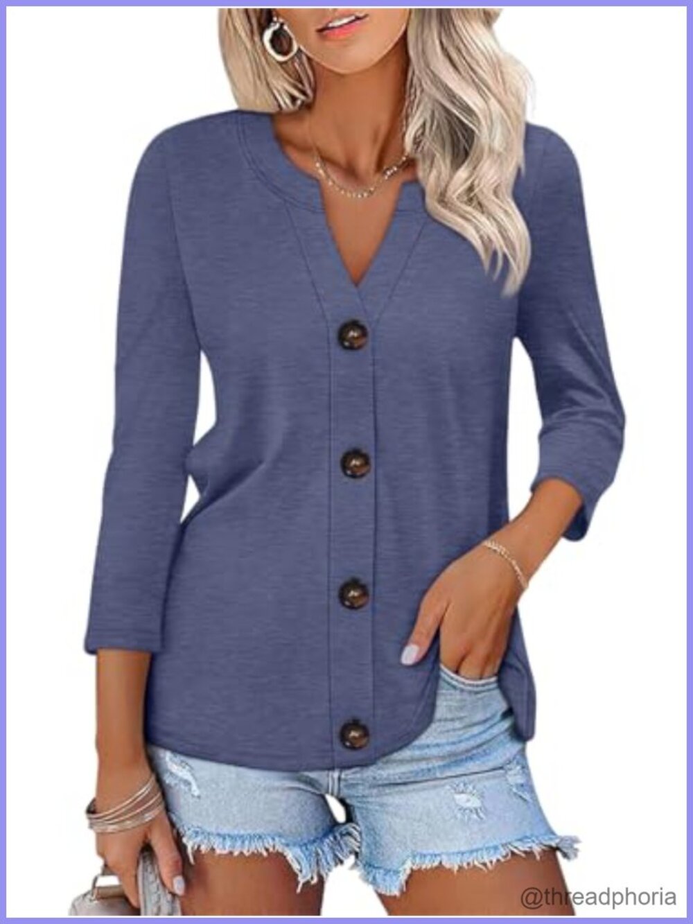 Womens Button Down Shirt V Neck 3/4 Sleeve Blouse Summer Office Top